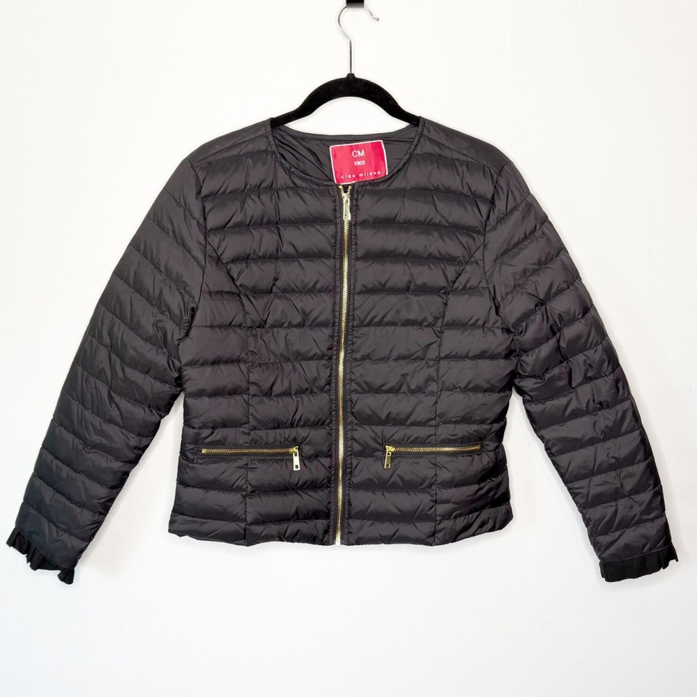 Ciao Milano CM 1969 Black Down Puffer Jacket Womens Size M Ruffle Trim Gold Zip